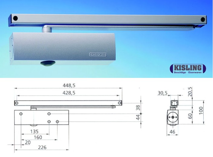 GEZE TS 3000 V türschliesser complete with slide rail silver coloured